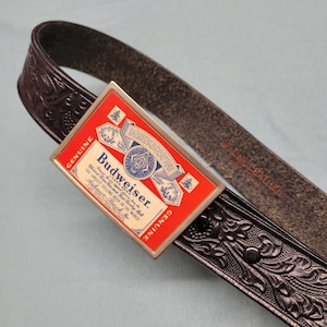[レア]80s 90s Budweiser 本革ベルトVINTAGE馬車usa製 Vintage Budweiser Belt Buckle Red/BLACK Enamel Clydesdale