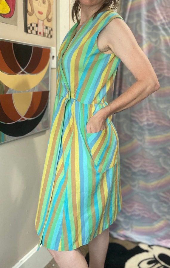 Vintage 50s 60s Pastel Striped Wrap Dress / Blue … - image 9