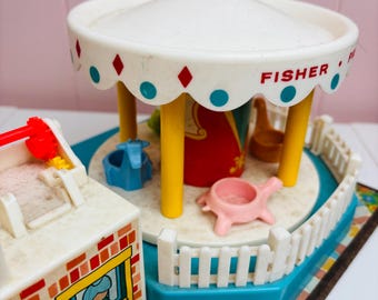 vtg 70s Fisher Price Carousel Toy, Works , has damage