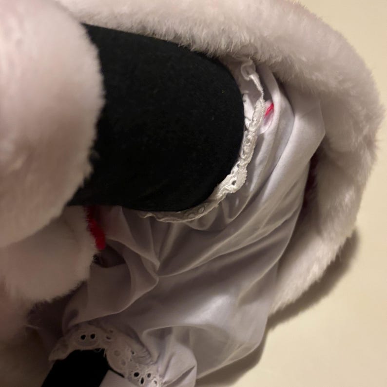 Pode incluir: Close-up de uma fantasia de Papai Noel de pel&uacute;cia branca com uma borda branca fofa. A fantasia inclui uma perna preta e uma saia branca com detalhes de renda. Um detalhe vermelho &eacute; vis&iacute;vel.