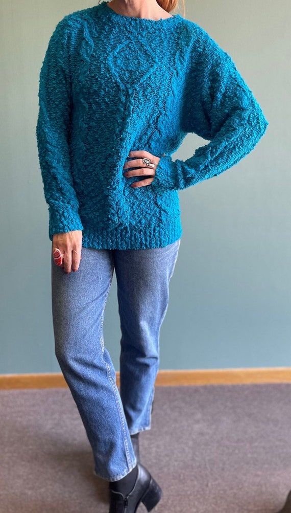 Vintage 80s Teal Cable Knit SWEATER/ Bright cobalt