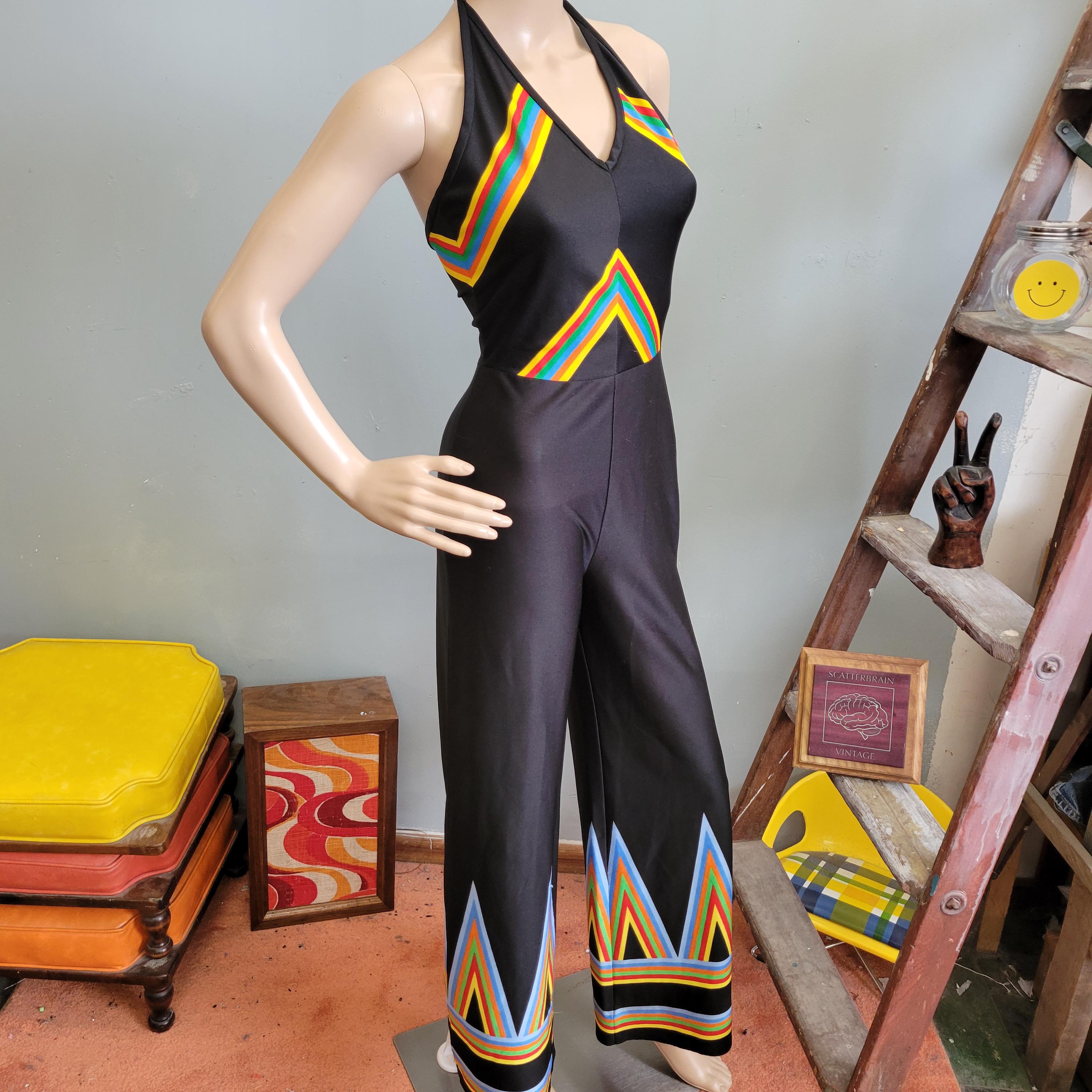 vtg 70s HALTER RAINBOW JUMPSUIT // vintage womens small ultimate roller disco queen retro funky one piece flare leg pantsuit low cut dancing