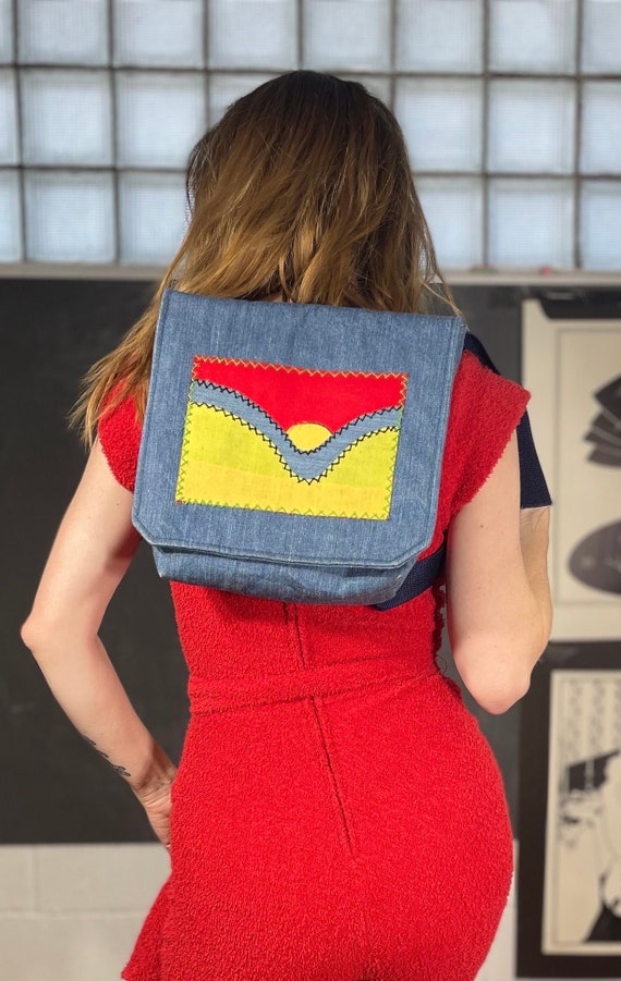 Vintage 70s Hand Sewn Sunrise Backpack Purse Retro Hippie