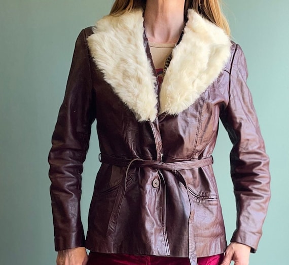 Vintage 70s Oxblood Leather Jacket / White Fur Tr… - image 8