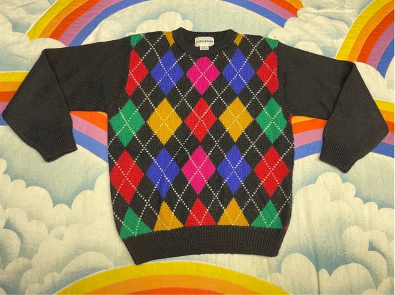 Vintage 80s Neon Argyle Sweater Diamond Print Sweater