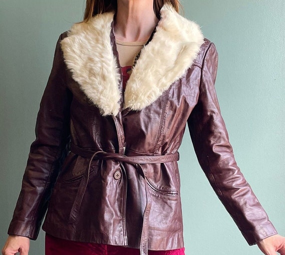 Vintage 70s Oxblood Leather Jacket / White Fur Tr… - image 7