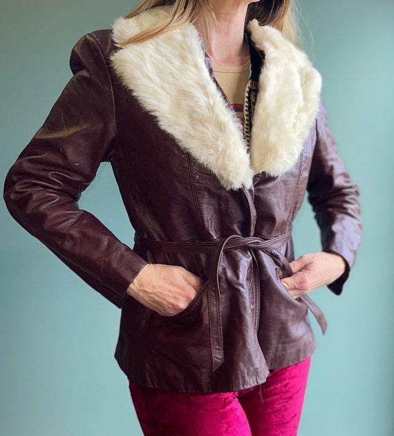 Vintage 70s Oxblood Leather Jacket / White Fur Tr… - image 5
