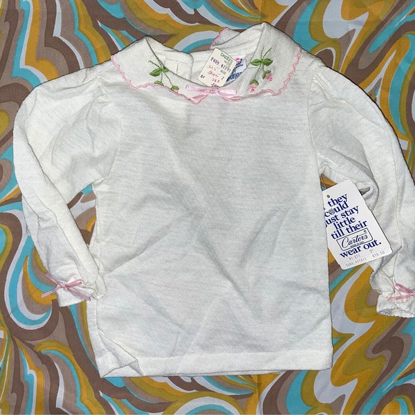 Vintage cute embroidered collar white floral top new with tags 2 T toddler shirt sweet innocent preppy girl clothes 80s retro wardrobe dept