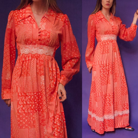 Vintage 1970's Gunne Sax Style RED & White FLORAL