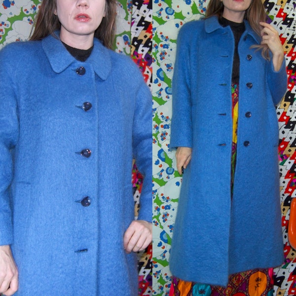 Vintage 1980's Fuzzy Blue MOHAIR Long Button Up Warm WINTER Coat