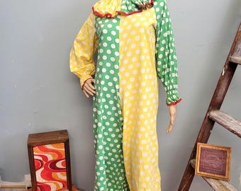 vtg 70s POLKA DOT CLOWN Costume, retro jumpsuit,  Halloween Party