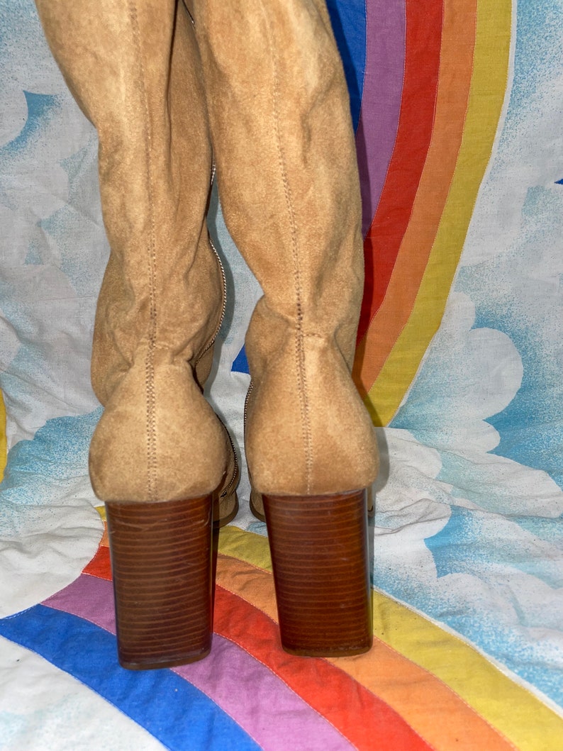 vtg 90s CANDIE'S BOOTS wooden heel stacked platforms side zip calf high chunky heels 70s style retro knee high high heel boho western 9 image 4