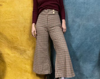 VTG DES ANNÉES 70 À CARREAUX BELL BOTTOMS // pantalon évasé taille super haute vintage 26 pour femmes style rétro hippie mod automne preppy mode hiver jambe large