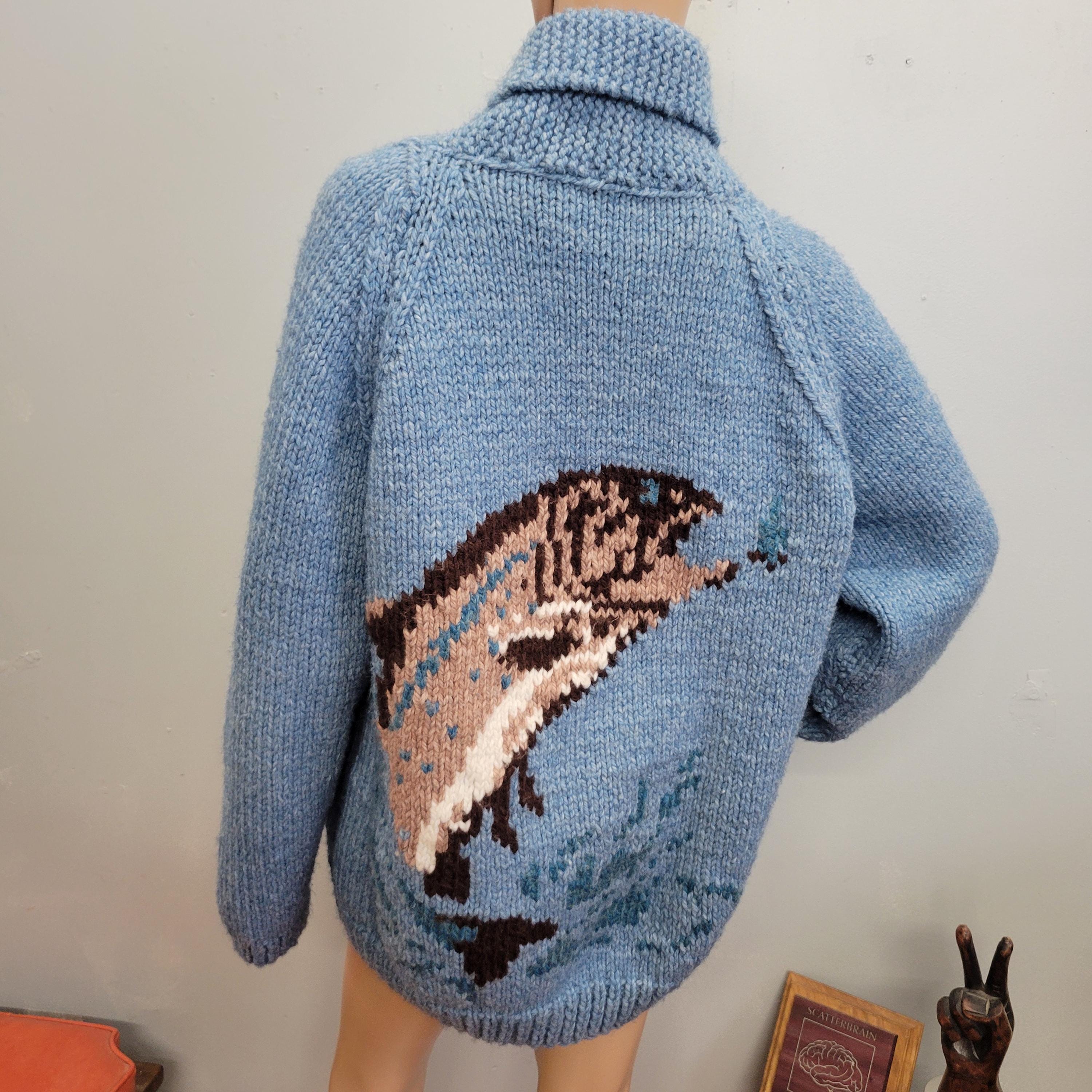 B*E様 70s vintage Cowichan sweater Vtg 70s Bird Motif Wool Cowichan Zip Sweater Mens L Shawl