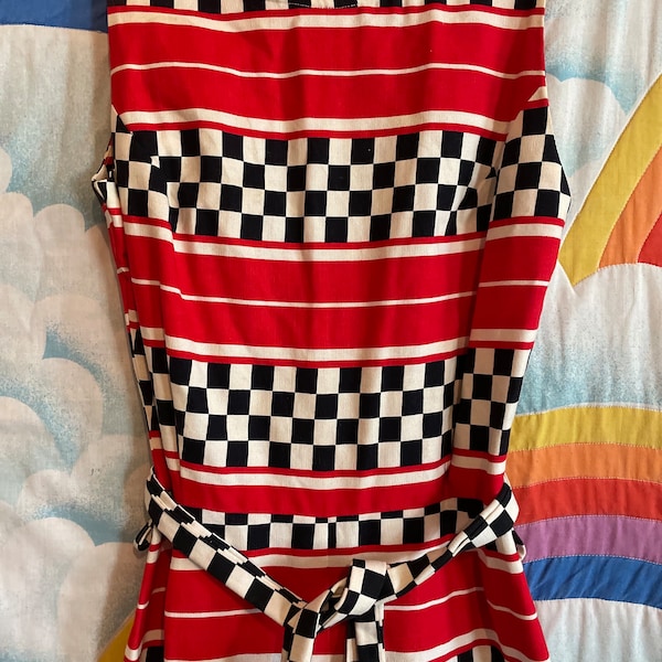 vtg amazing 1960s 70s checkered jumpsuit flare leg geometric racing stripes bell bottom belted one piece coveralls WOUNDED Bird As IS read