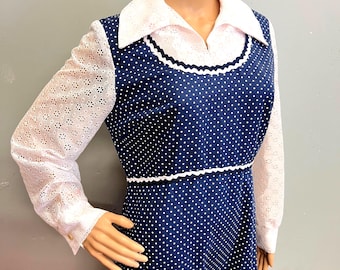 vtg 70s POLKA DOT LACE Prairie Dress : vintage medium/large cottage core mod maxi gown