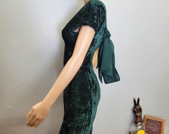 vtg 80s Green VELVET Mini with chiffon bow back, Xmas Party Dress