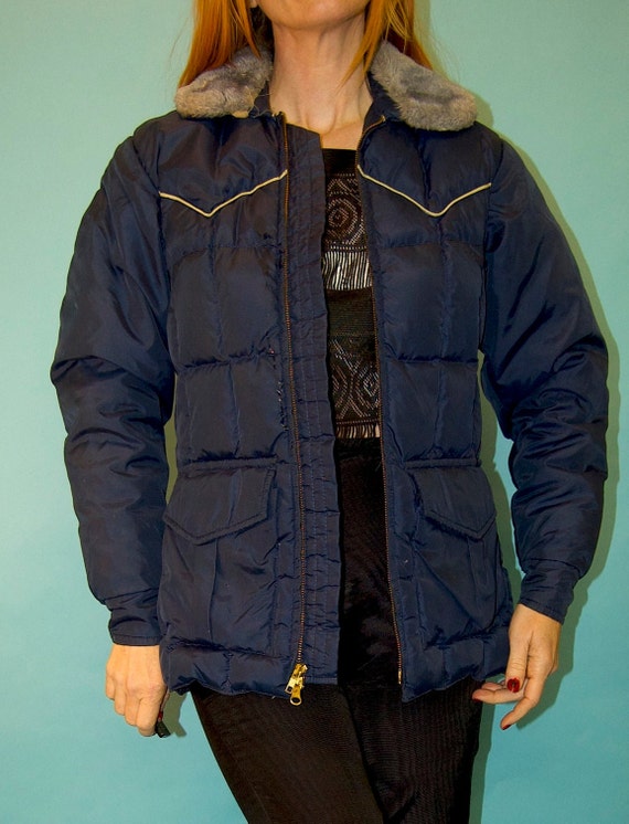vtg 70s blue puffer jacket faux fur trim retro ke… - image 2