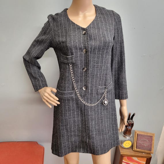 Vtg 60s CHAIN WATCH DRESS : Vintage Tammy Andrew's Small Pinstripe Wool Long Sleeve Dress