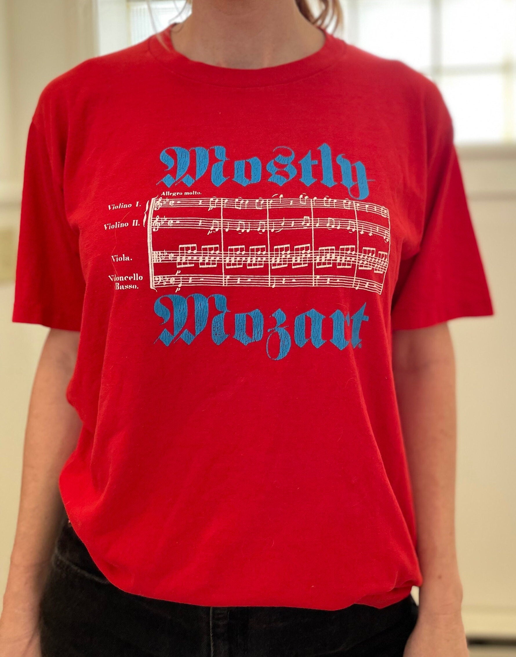 Vintage Mostly Mozart Music Notes Shirt // Paper Thin Red Shirt 