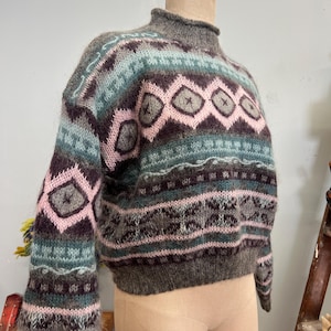 vtg 90s PATTERNED MOHAIR SWEATER // vintage large womens geometric shaggy boxy knit striped pastel neutral tones preppy maximalist sweater