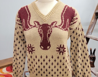 Vintage 1950s Wool Moose Sweater - Kanadahar V-Neck