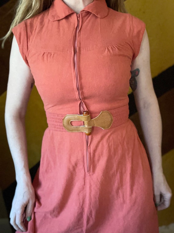 vtg 70s rust orange dress belted zip up cute poin… - image 1