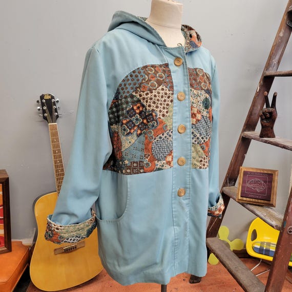 Vintage 70s Patchwork Hooded Jacket: Roamans Flor… - image 3