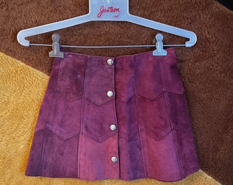 Vintage 60s purple suede mini skirt kids size soft leather a line button up patchwork hippie mod skirt retro teen youth large