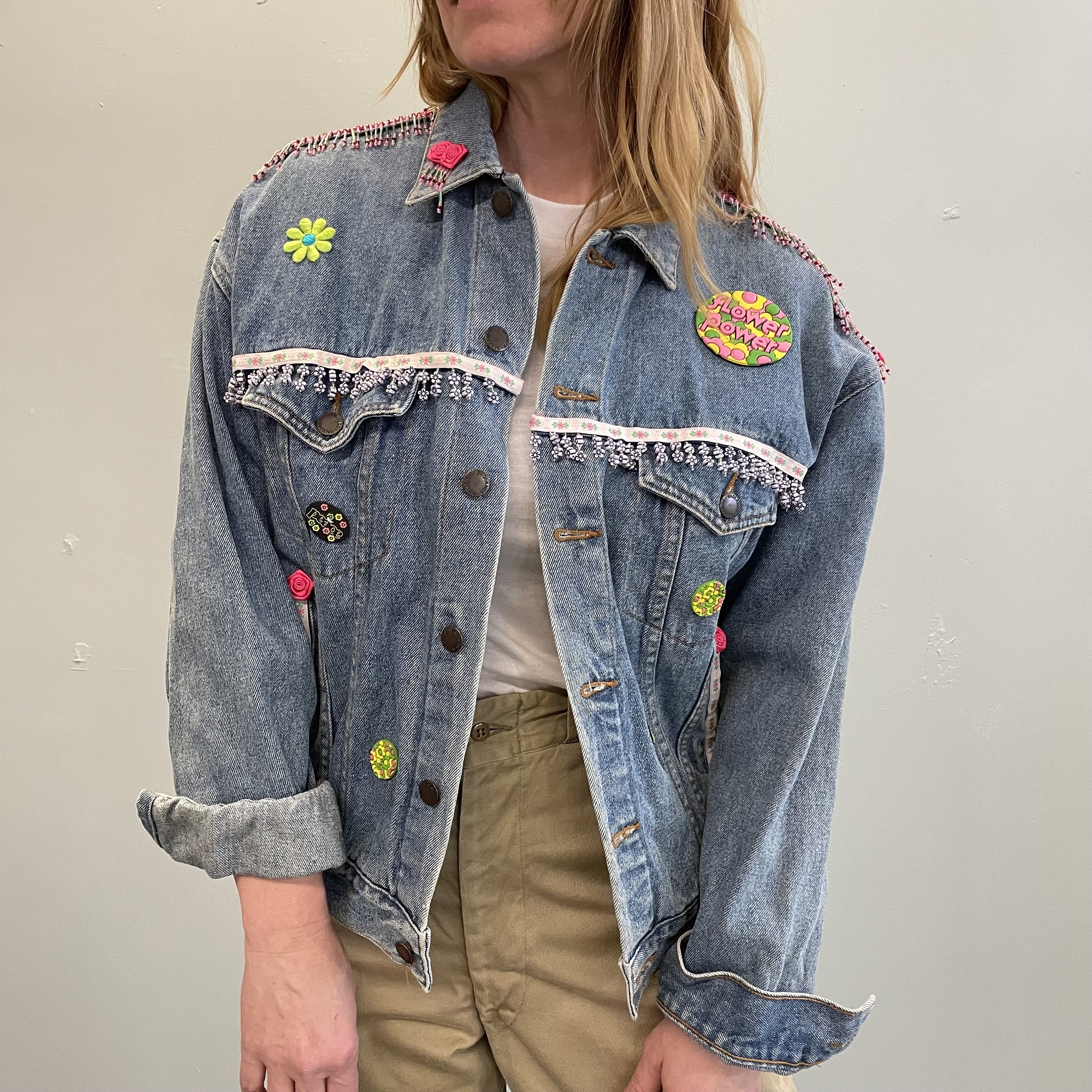 Giacca di jeans lavaggio chiaro vintage anni '80 e '90 FLOWER