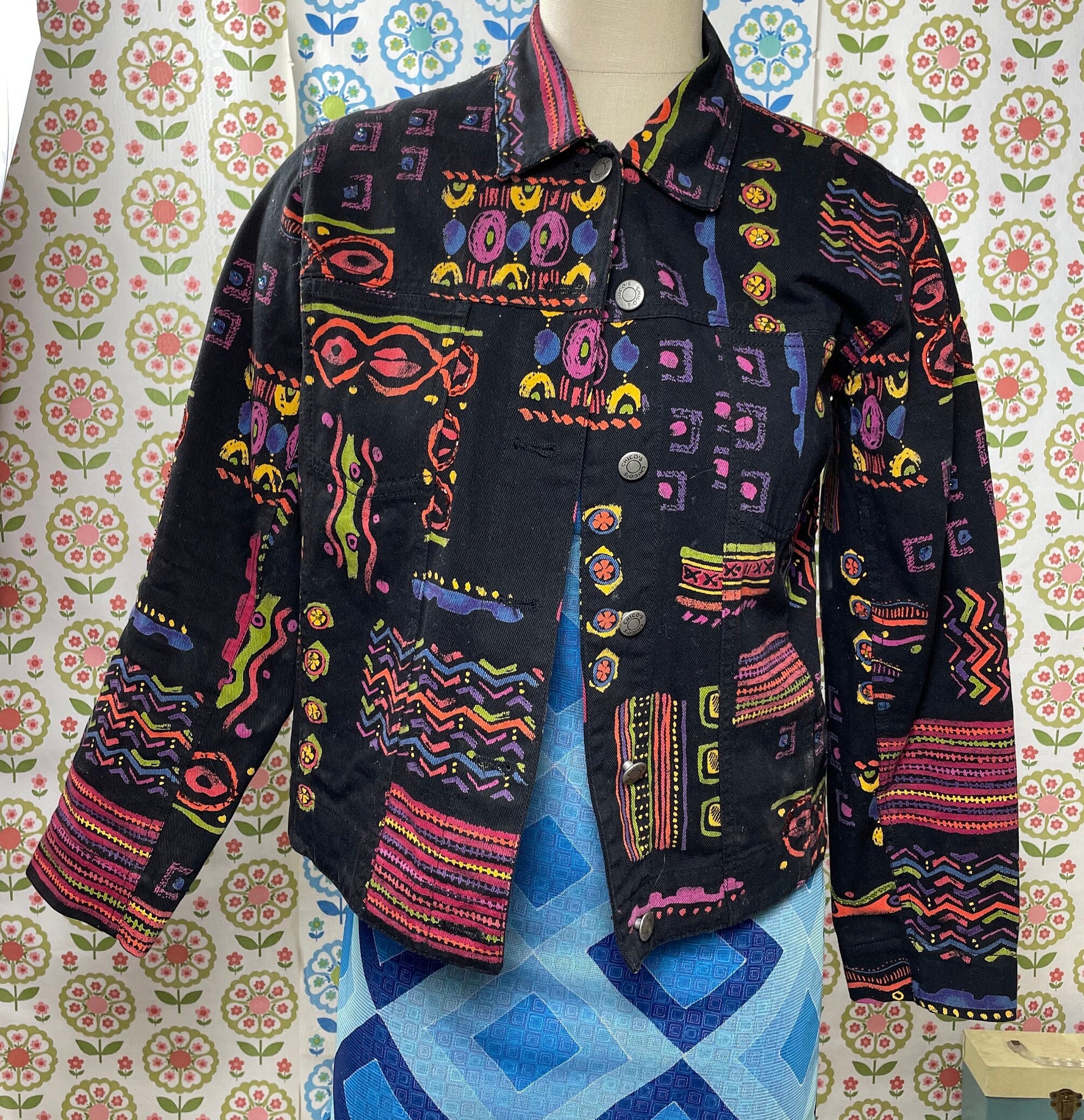 Vtg 80s BLACK NEON JACKET Chico s Abstract Print Denim Jacket Canvas Cowboy Femme Friends Style 90s Art Abstract Pattern Basquiat Fame Etsy