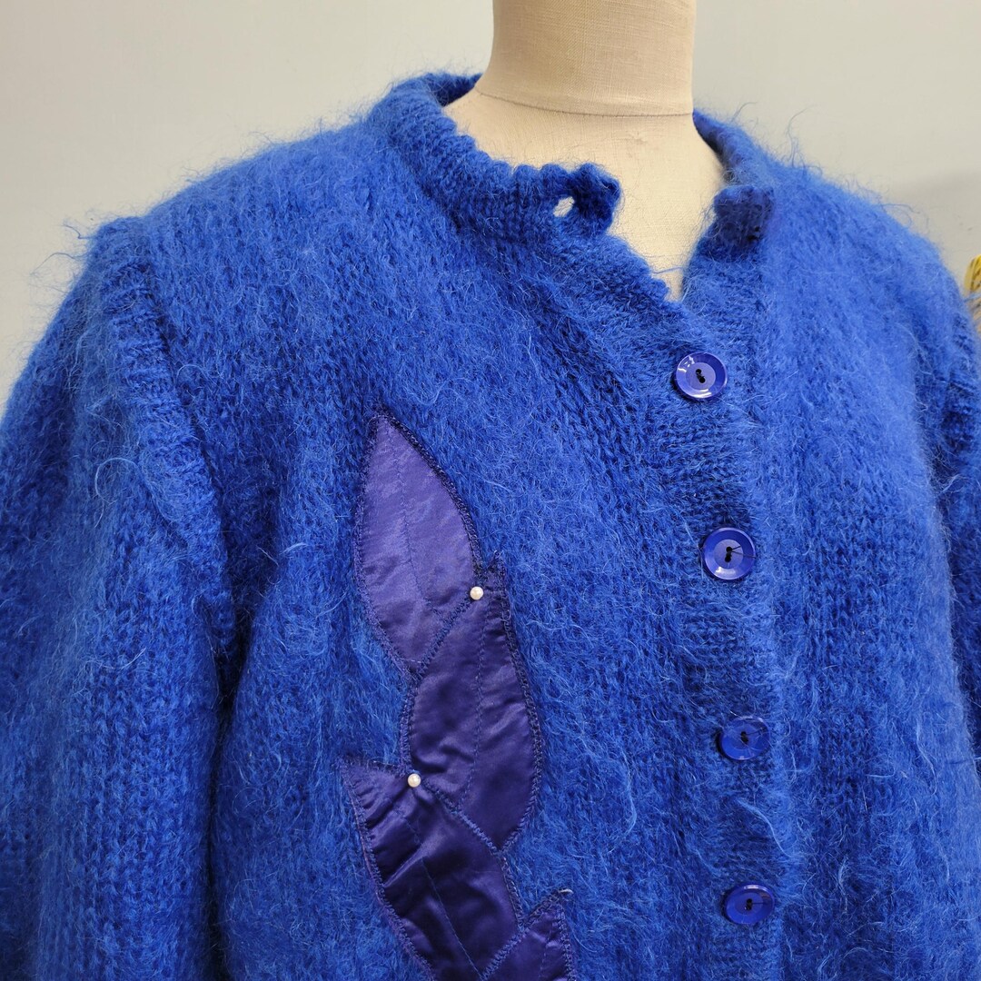 Vtg 80s BLUE MOHAIR JACKET // Vintage Large Shaggy Bright