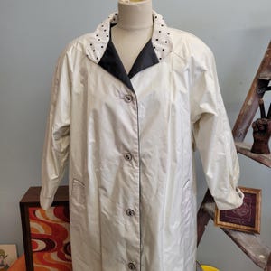 Vintage 70s Polka Dot Rain Coat: Fleet Street White Belted Trench, Size 8