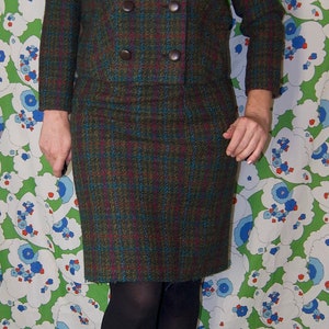 Vintage 1950's Mirramode 2 PIECE Green Pink & Blue PLAID Persian Lamb WOOL Mod Dress Pencil Skirt Suit image 2