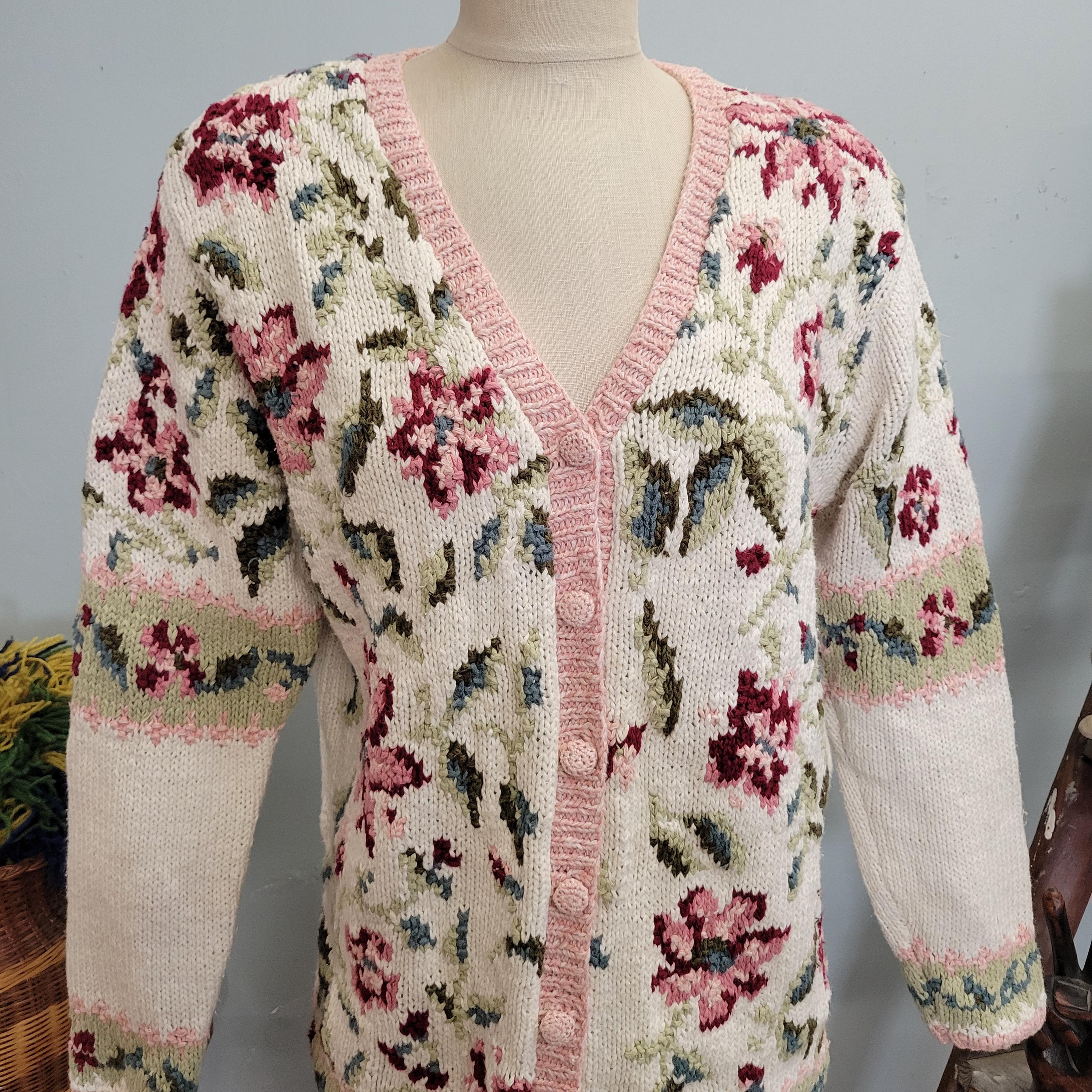 Vtg 80s Floral Embroidered Knit Cardigan - Vintage Tapestry