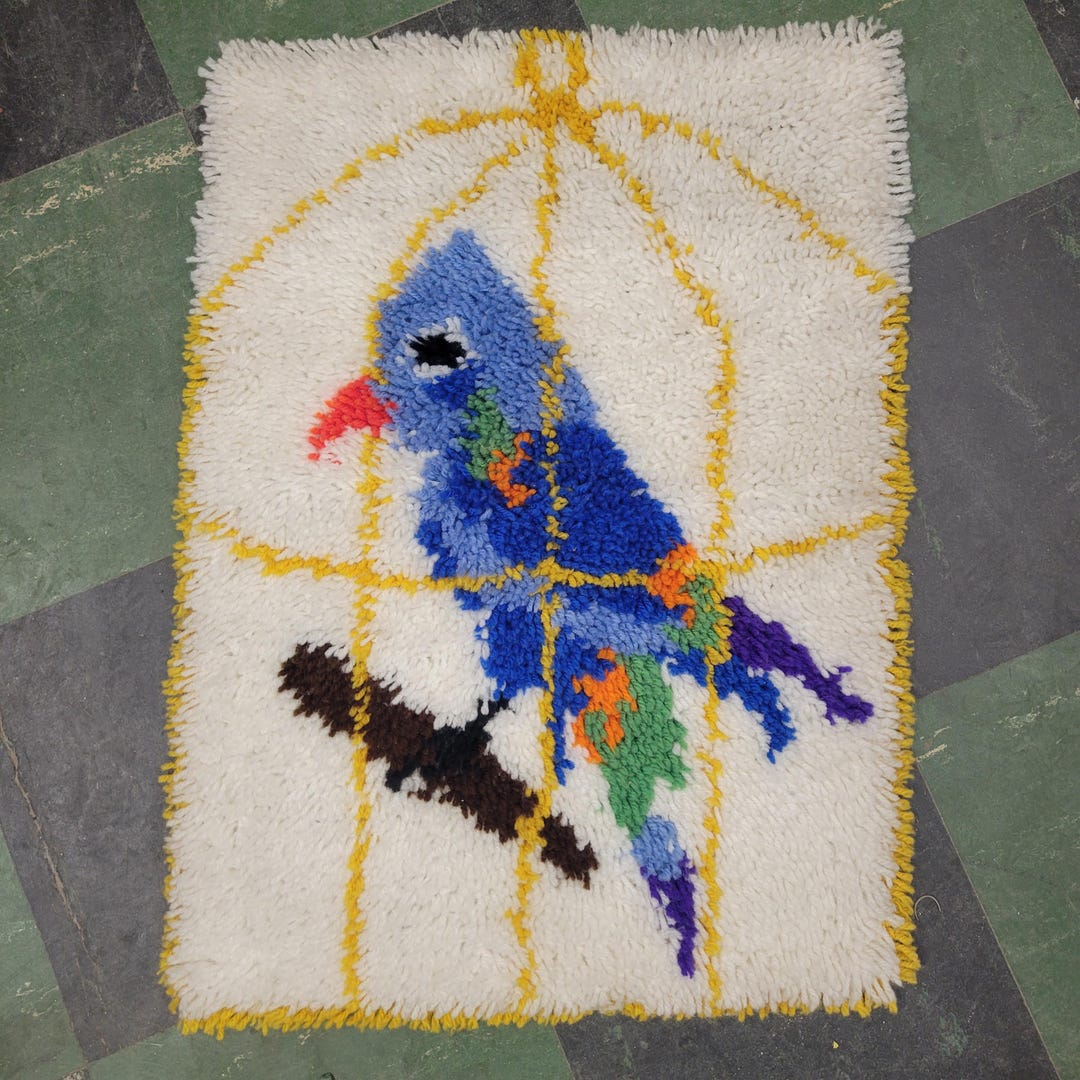 Parros Rugs Vintage 70s Bird Cage Hooked Rug: Parrot Shag Rug, Retro Home Decor - Etsy
