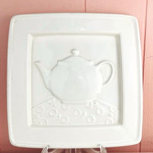 vtg White Ceramic Hotplate, Embossed Teapot Decorative Ironstone Plate