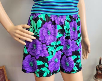 Bañador corto tropical vintage de los años 80, bañador holgado con estampado floral para la playa.