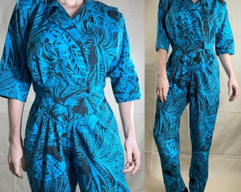 Vintage 80s Abstract Print Blue Jumpsuit // Bright Spring funky retro patterned two tone Jumpsuit