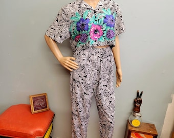 vtg 80er 2 Teiler Bluse und Hosen Set, fließendes geblümtes Oberteil und leicht zulaufendes Unterteil