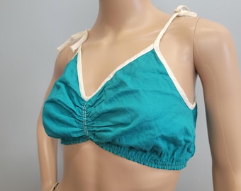 vtg 50s REVERSIBLE Swim Top, green to yellow cotton crop top swimwear