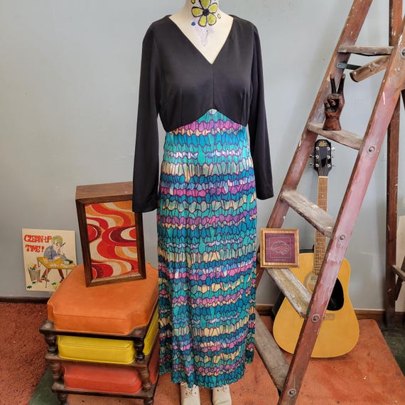 vtg 70s Mermaid Scales Dress, Kaleidoscope Pattern Flowy Maxi View 3
