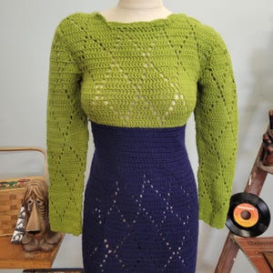 70s Crochet Knit Dress: Vintage Two-Tone Fringe Sweater, Fitted Small