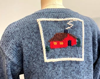 vtg 90s Farm Cottage Cardigan: Ramie Cotton Cabin Scene Sweater