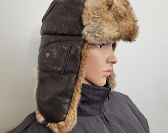 Vintage 90s Mad Bomber Rabbit Fur Aviator Hat: XL Leather Winter