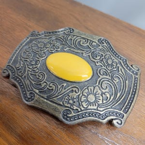 Vintage 70s Yellow Stone Belt Buckle: Western Boho Floral Engraved