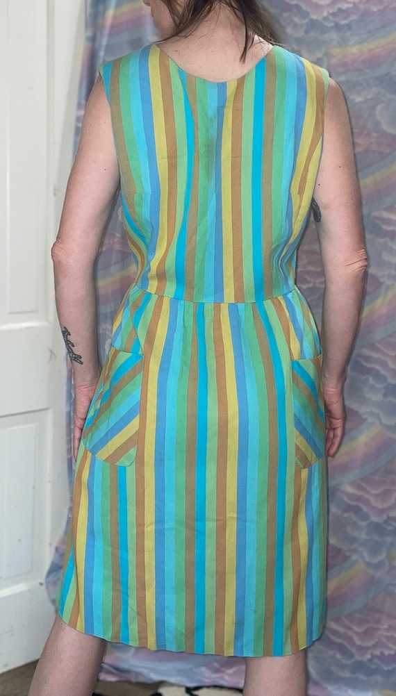 Vintage 50s 60s Pastel Striped Wrap Dress / Blue … - image 5