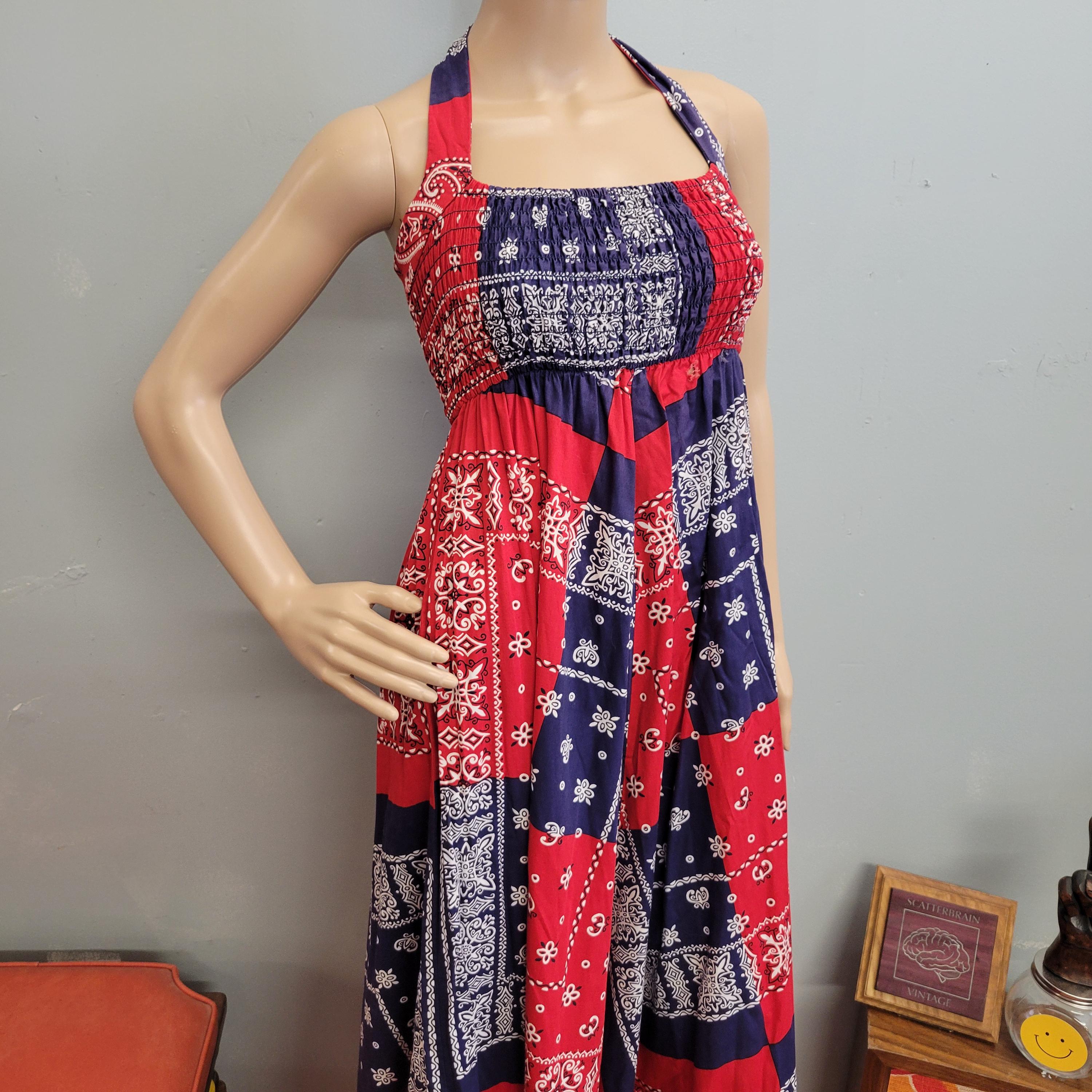 bandana halter dress Vtg 70s Dress, Boho Patchwork Hippie Maxi Bandana print dress