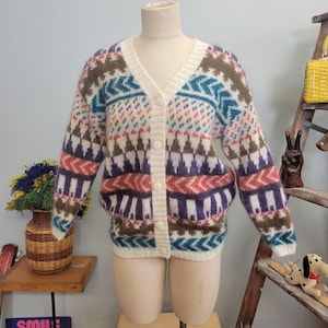 vtg 80s PATTERNED MOHAIR CARDIGAN // vintage knit knit brand small oversized slouchy button up maximalist abstract geometric pattern spring