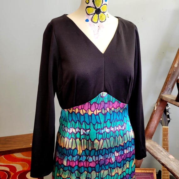 vtg 70s Mermaid Scales Dress, Kaleidoscope Pattern Flowy Maxi